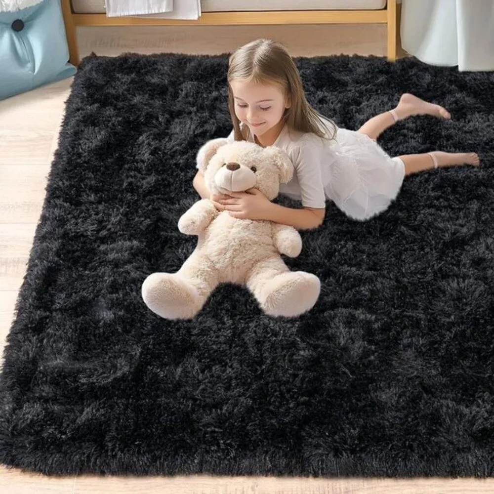 8x10 Black Plush Rug, Fluffy Soft Shaggy Non-Slip Carpet for Home & Room Decor